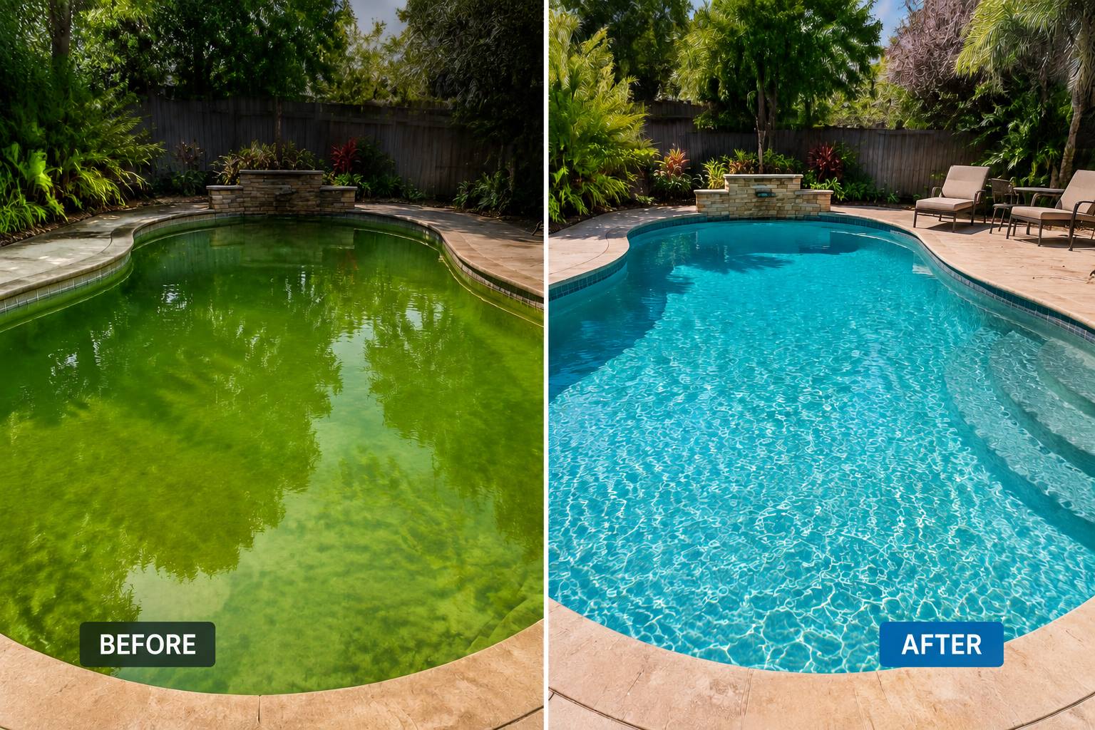 Sparkling blue backyard pool after cleaning service